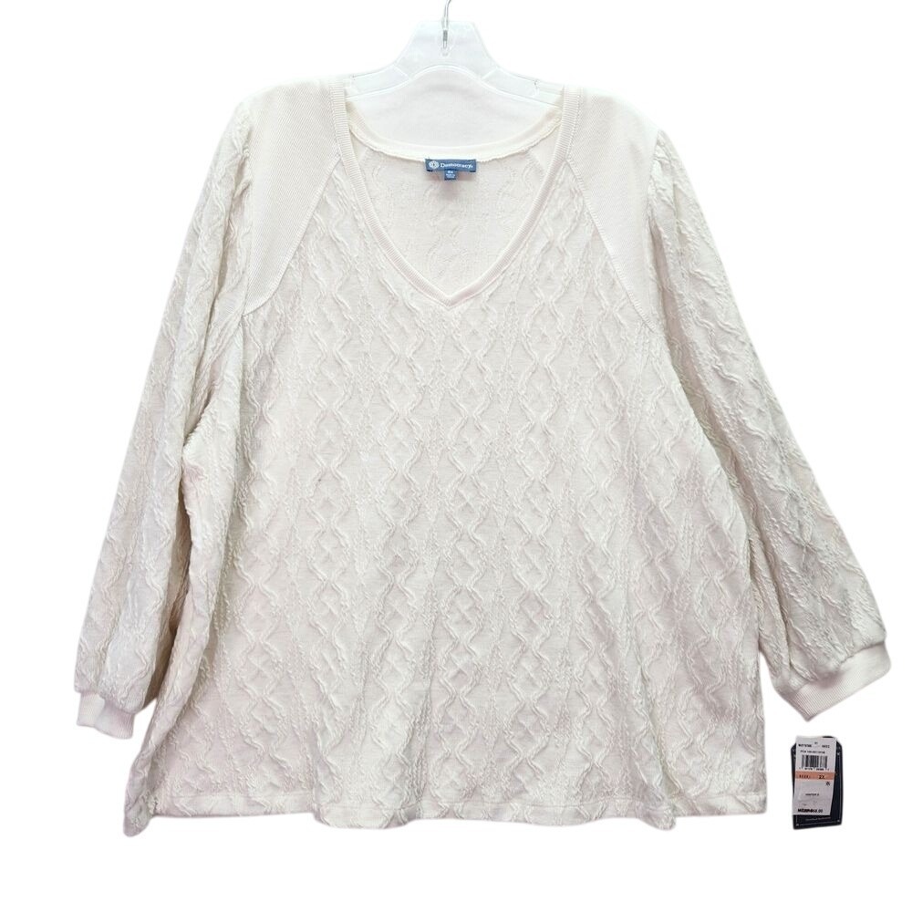 Democracy Sweater Plus 2X White Cable Knit V-Neck Textured Long Sleeve Pullover